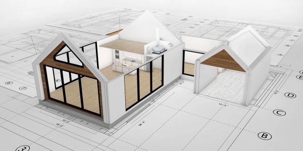 3D house model on architectural plans.