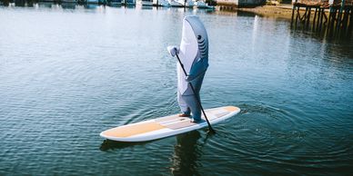 Comedy. Funny image of a shark standing on wind surf board - holding a paddle 