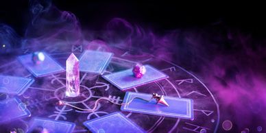 Mystical tarot cards and a crystal on a glowing magical circle with purple smoke.