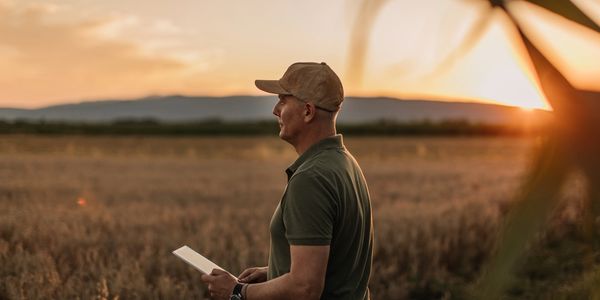 Man holding tablet in a field during sunset.