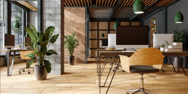 Modern office space with wooden furniture and green plants.