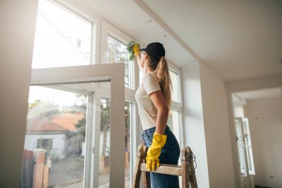 Woman cleaning a high window while standing on a ladder.