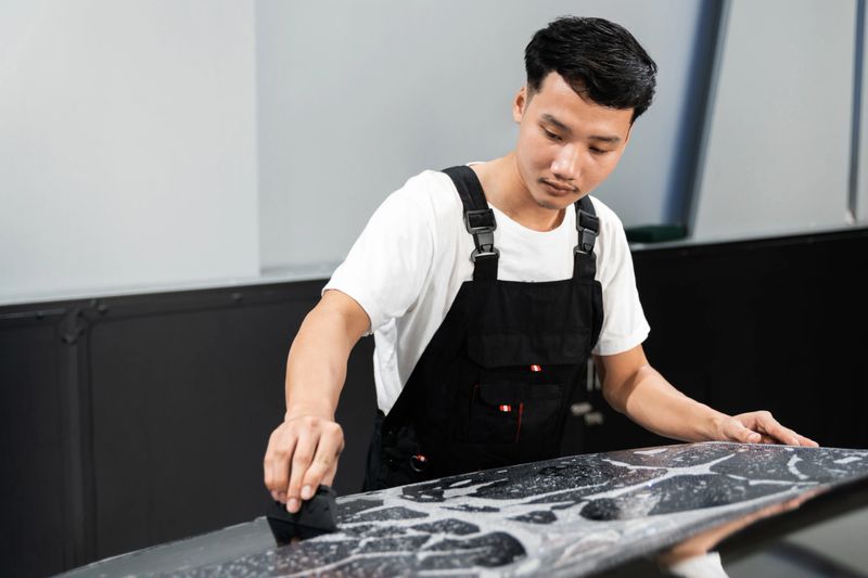 An Asian male car wrapping specialist hand straightening wrapping transparent film for protection with a squeegee to remove air bubbles. PPF installation process on a car back hood.