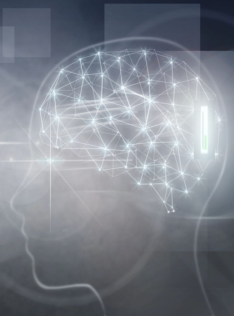 Robot hand reaching towards digitalized brain with implant