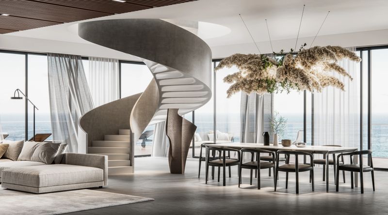 Modern interiors of a large living room of a holiday villa. Living room with sofa set, dining area and spiral staircase in 3D rendering.