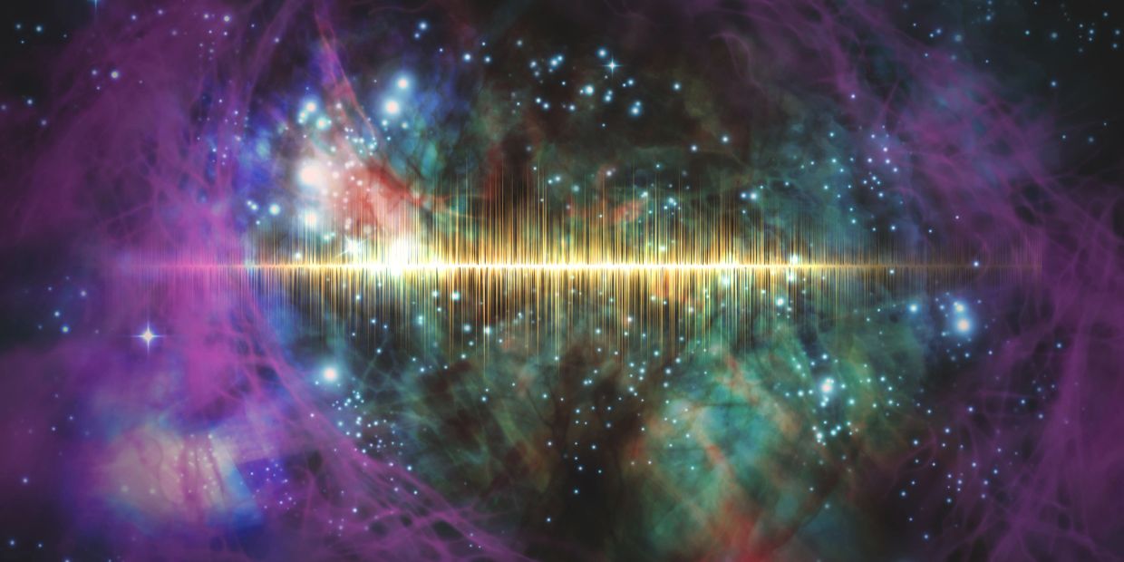 A cosmic nebula with a glowing golden waveform at its center amid stars.