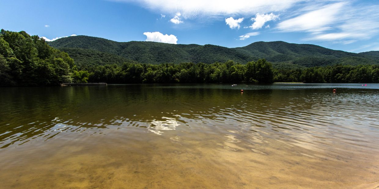 Calm lake with mountains and trees in the background.