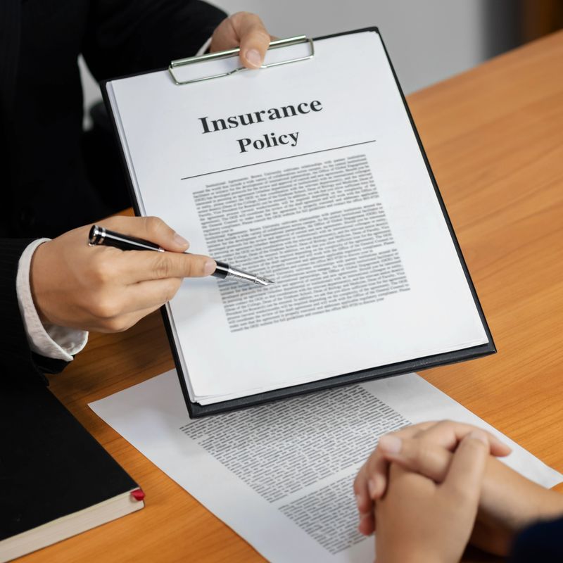 Insurance agent explaining information paper to customer.