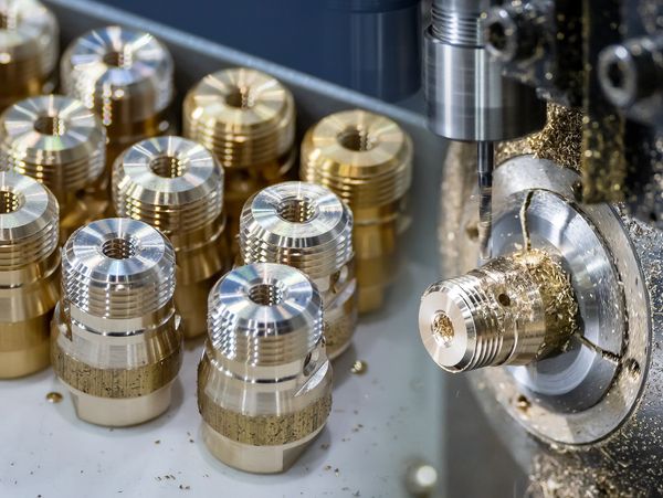Piezas metálicas siendo mecanizadas en un torno CNC.