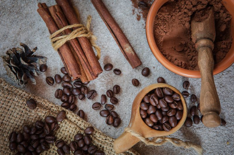 composition of coffee beans, shecolade, cinnamon and cocoa