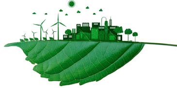 City and wind turbines on a green leaf.