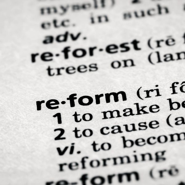 Close-up of the word 'reform' in a dictionary showing its definition.