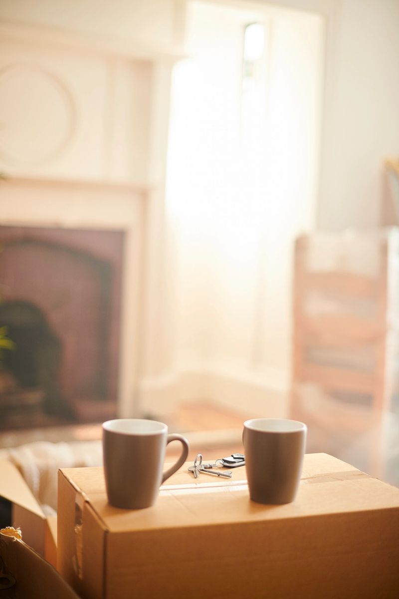 living room filled with house move boxes and keys in focus