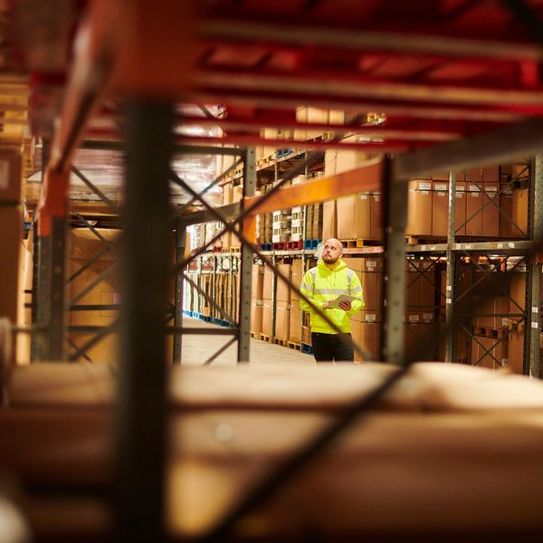 Warehouse worker inspecting inventory.