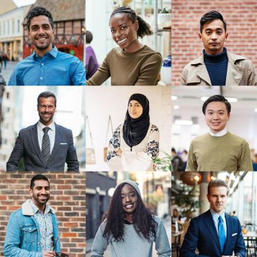 Collage of diverse professionals smiling in various settings.