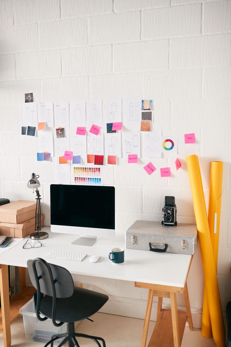 Workspace In Creative Studio With Desk And Computer In Front Of Wall With Fashion Designs