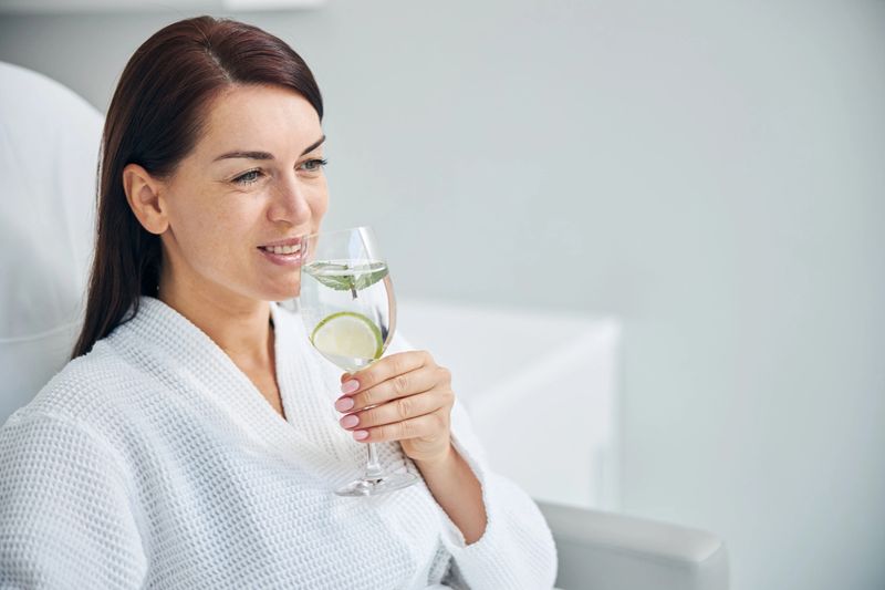 Portrait of a joyous Caucasian lady in a bathrobe drinking lime and mint infused water
