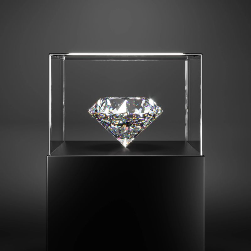 An expensive diamond on a stand under a glass dome. Shows perfect cut and light refraction. Jewelry showcase. 3d rendering.
