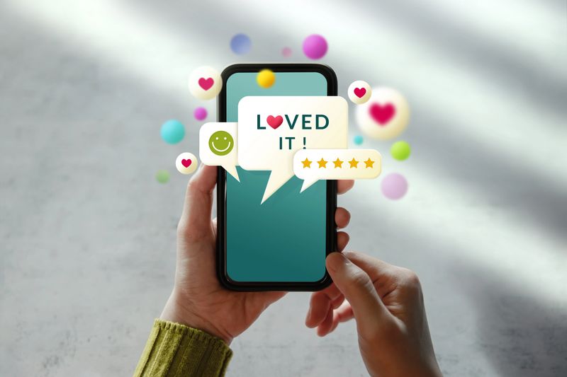 Customer Experiences Concept. Woman Using Mobile Phone to Giving Feedback via the Internet. Positive Review. Client Satisfaction Surveys