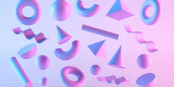 3D geometric shapes in pastel pink and blue gradient on a soft background.