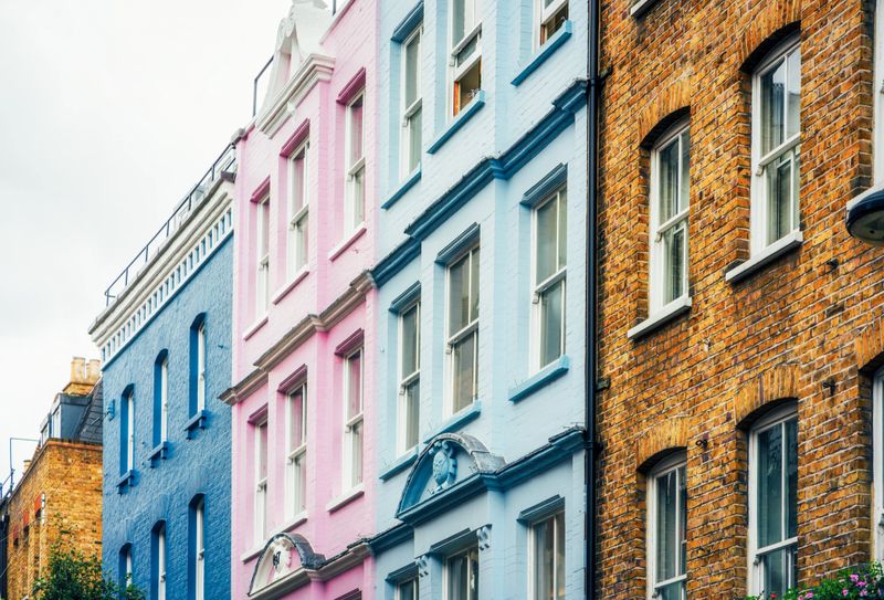 Buildings in London's trendy Soho district painted in pastel colours.