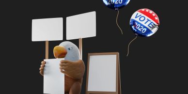 3D eagle holding blank signs with Vote 2020 balloons floating above.
