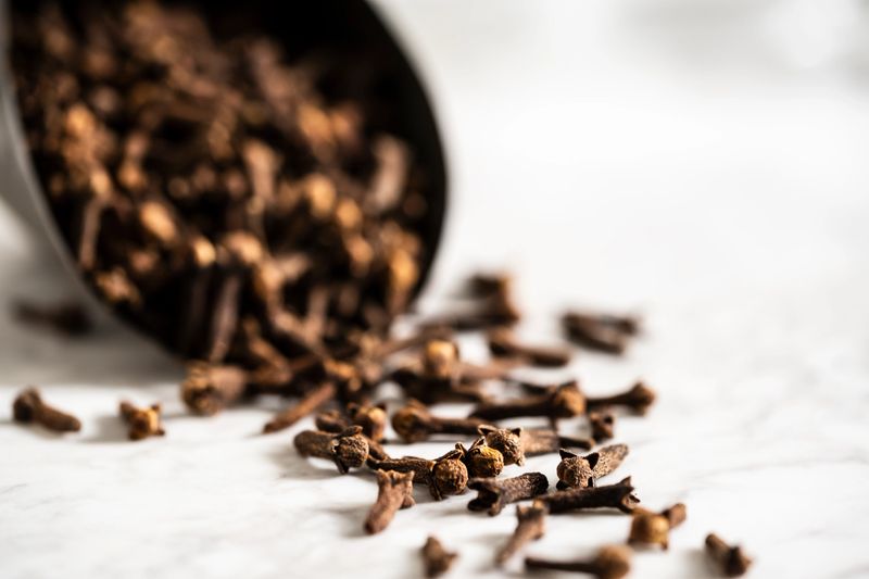 A scoop full of cloves dumping out on a white marble surface.