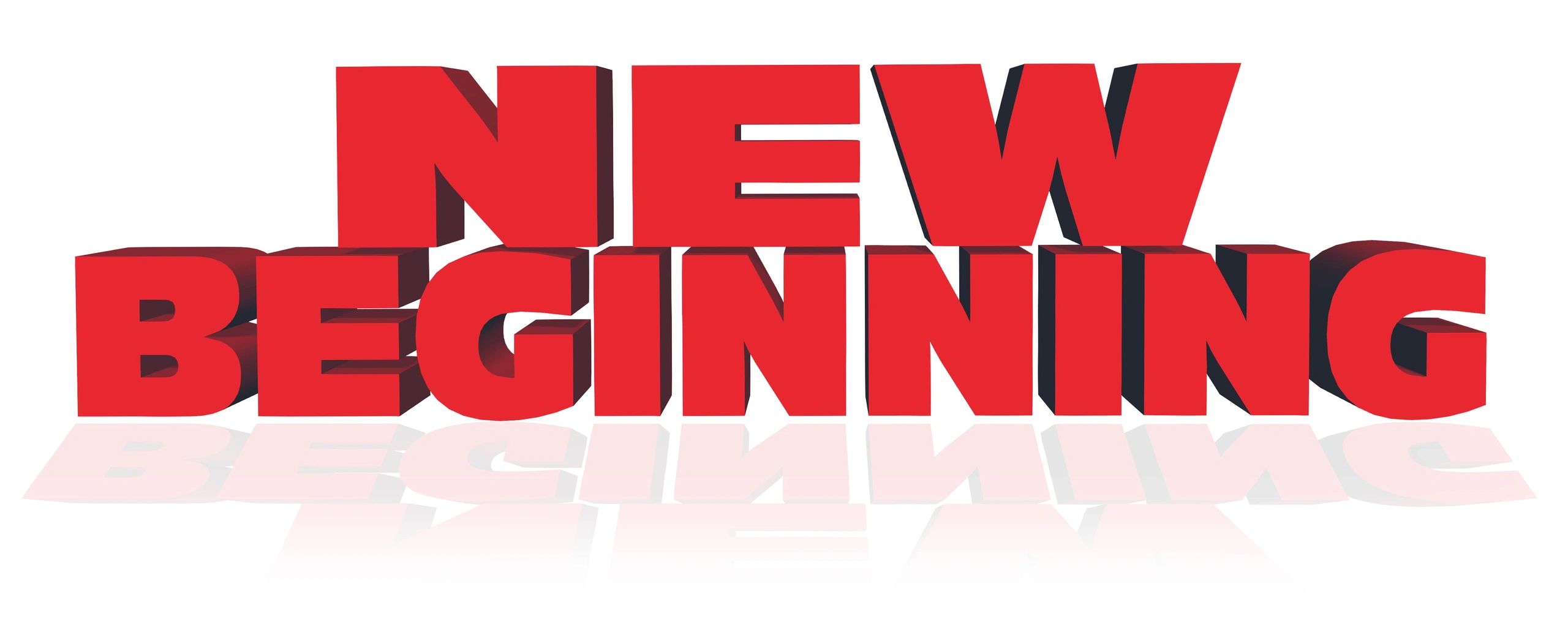 NEW BEGINNING lettering in red color with reflections on the floor - isolated on white background - 3D-illustration