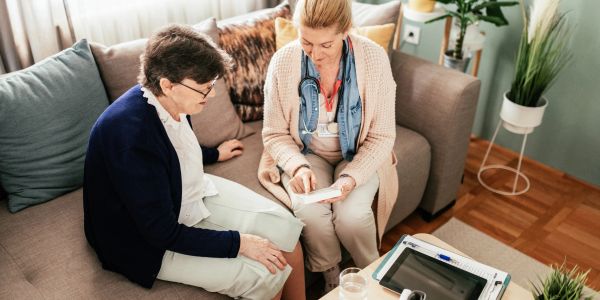 Healthcare worker consulting elderly woman at home.