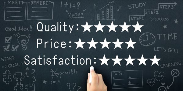 Hand rating quality, price, and satisfaction with stars on chalkboard with doodles.