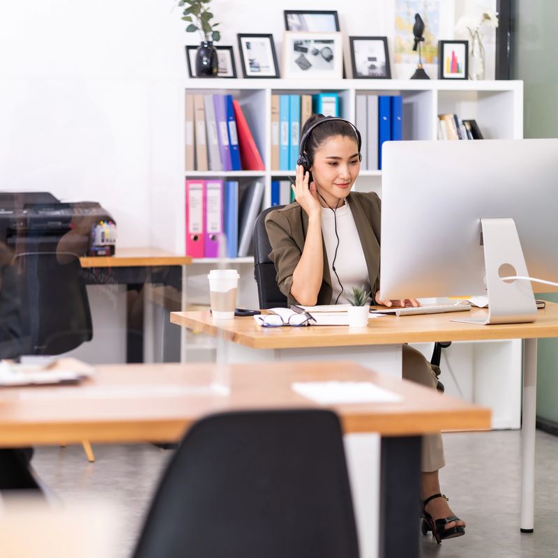 Young adult friendly confidence Asian woman with headsets working in a call center with social distance table as new normal practice. Call center and telemarketing sale concept.