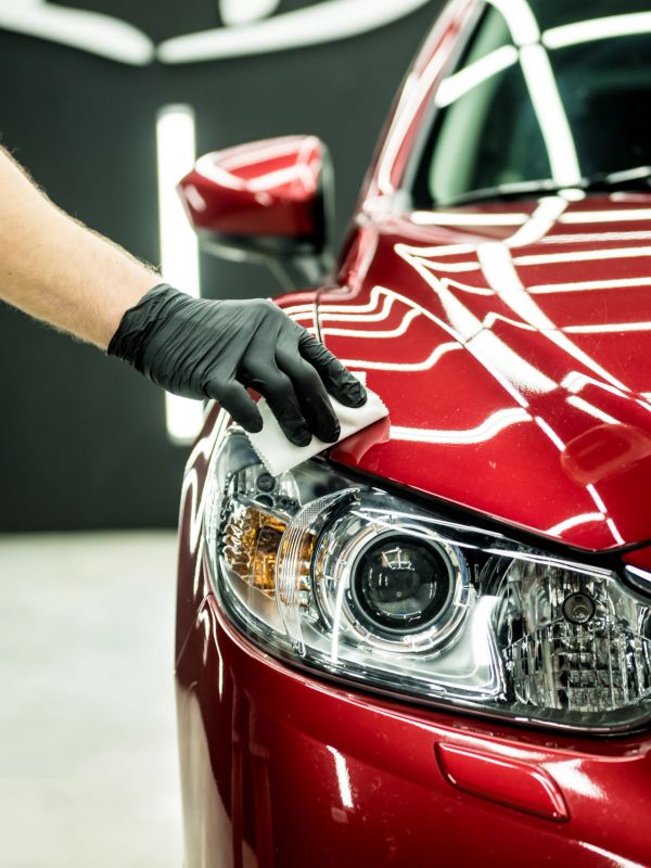 Person polishing the headlight of a shiny red car.