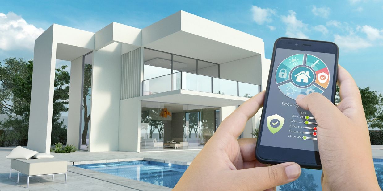 A split-screen image showing a person using a smartphone to control a modern swimming pool.