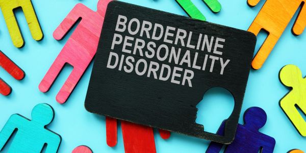Sign reading 'Borderline Personality Disorder' with colorful paper cutout people.