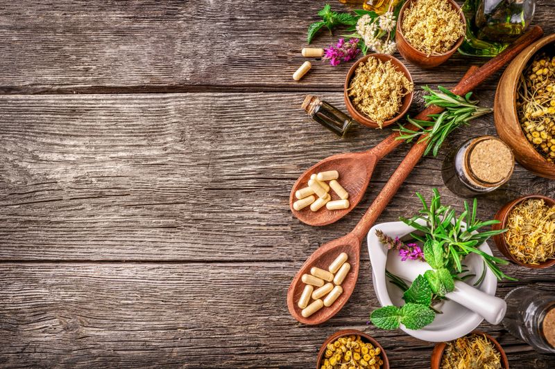 Wooden spoons full of herbal capsules and natural ingredients on wooden background. Top view. Copy space.