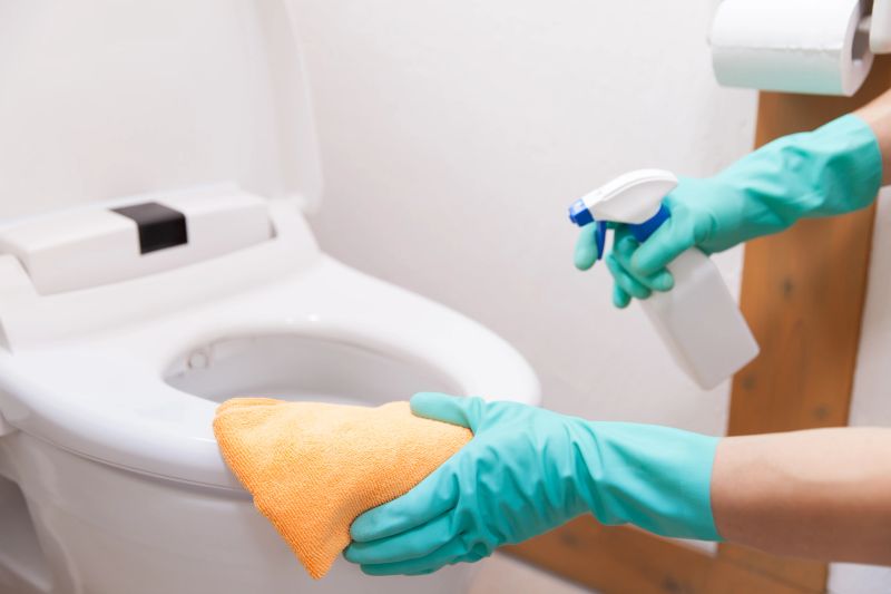 close up of a people hand cleaning toilet seat