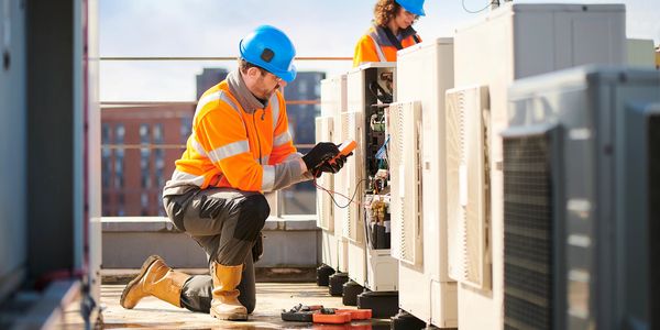 Two HVAC technicians in blue helmets and orange jackets servicing units on a rooftop.