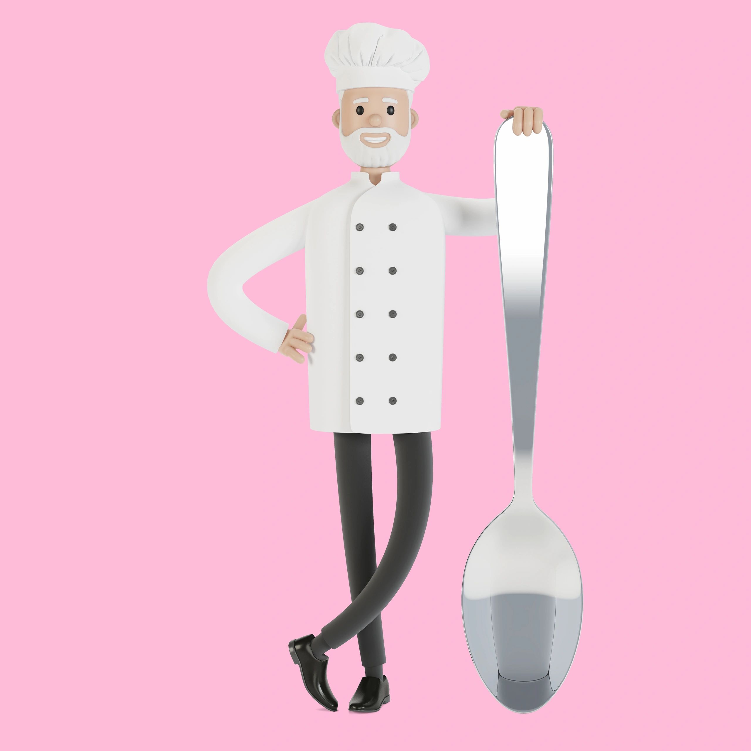 3D chef character leaning on a giant spoon with a pink background.