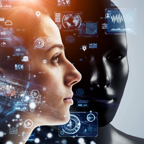 Human and AI interaction concept with digital icons.
