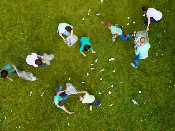 Group of people picking up litter in a grassy area with bags.