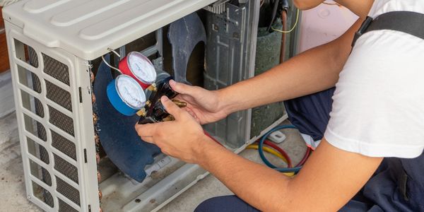 Técnico ajusta medidor em ar-condicionado.