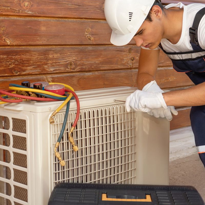 Air conditioning equipment installer maintains the air conditioner
