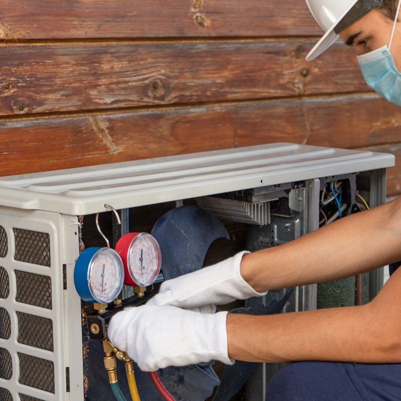 Air conditioning equipment installer wearing a protective medical mask on his face repairs the air conditioner