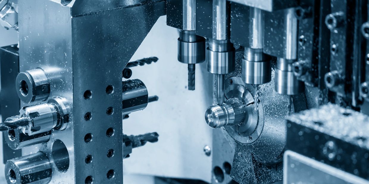 Close-up of a CNC milling machine in operation.