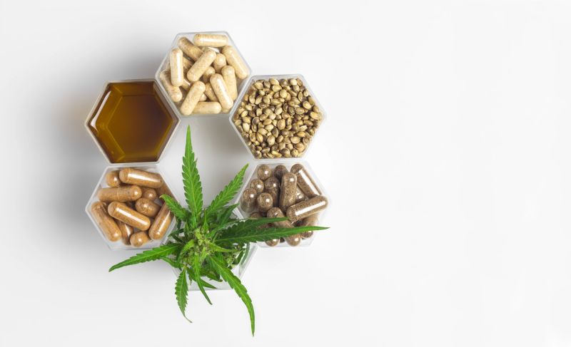 Cannabis medicine capsules, hemp oil and seeds and green plant in honeycomb jars on white background