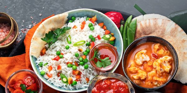 A vibrant Indian meal with rice, curry, lentils, and sauces served with naan bread.