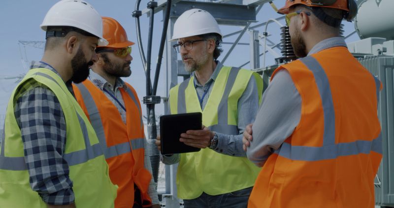 Group of positive bearded men in waistcoat and hardhats looking at camera during work on power station