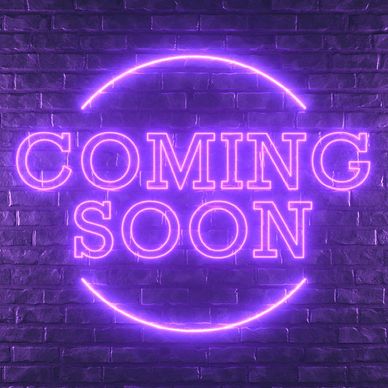 Purple neon "Coming Soon" sign on a brick wall. Bellehair Academy new training course coming soon.