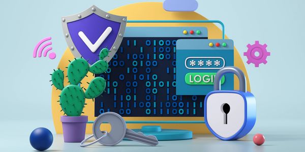 3D illustration of cybersecurity elements including shield, keys, and lock.