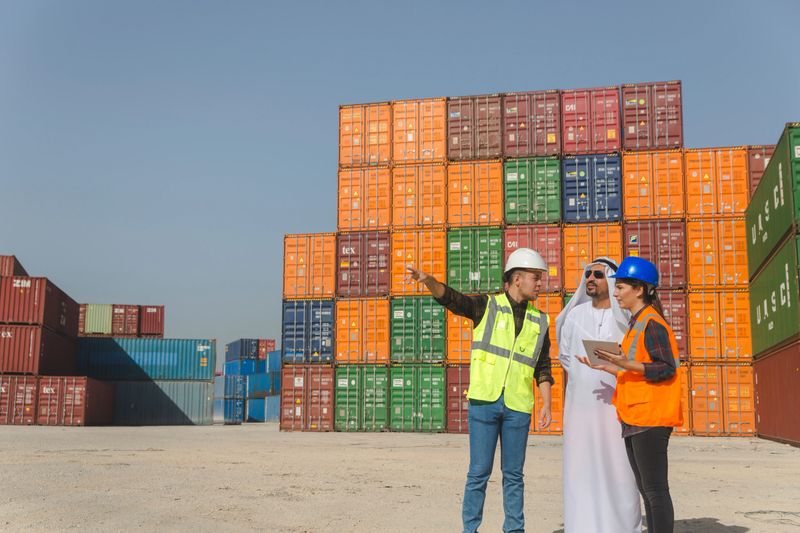 Young engineers presenting and having discussion about a new business proposal with digital tablet to poised and successful Emirati Arab Businessman in cargo container port.